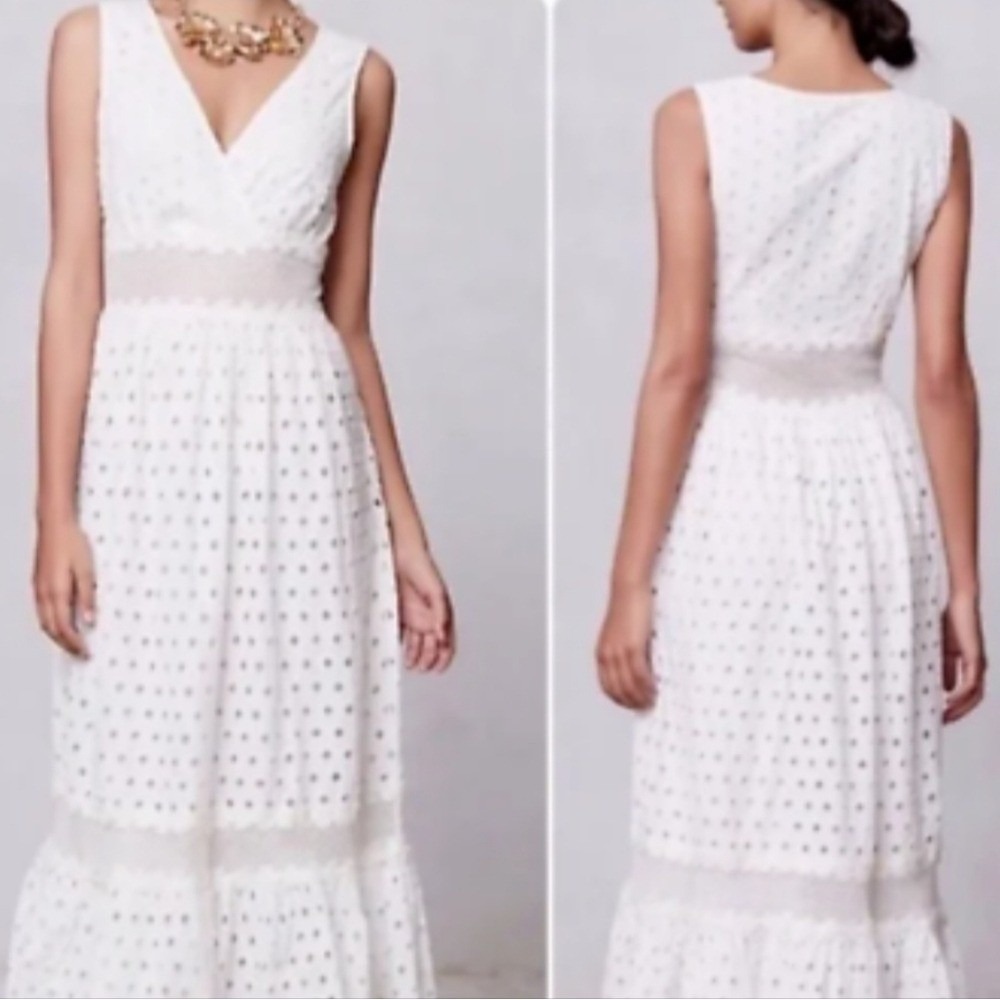 Leifnotes Anthropologie Midi Dress‎ Sz 4 White Eyelet Lace V-Neck Sleeveless